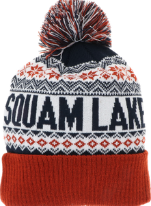 Nordic snowflake and triangle design with Squam Lake knit in the center. Navy and rust color with Pom on top 